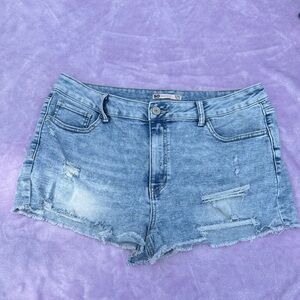 SO High rise blue denim shortie jean shorts distressed size 18